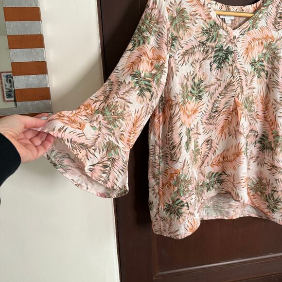 J.JILL | Pink and Green Tropical Print Linen Bell Sleeve Flounce Shirt Large - Picture 3 of 8